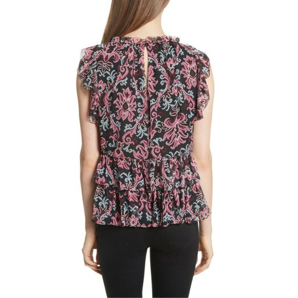 NWT278 KATE SPADE New York Size S Tapestry Chiffon 100% Silk Lined Ruffle Blouse - Picture 2 of 7